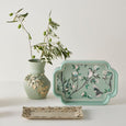 Green Songbird Tray with curved edges and handles, featuring delicate bird and floral illustrations.