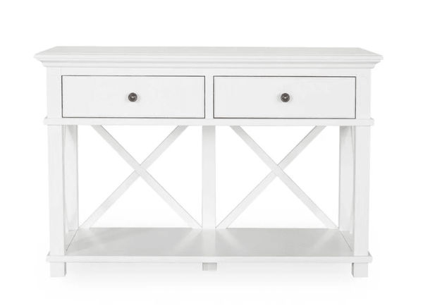Sorrento 2 drawer console table in white with storage drawers and lower shelf for stylish entryway organisation