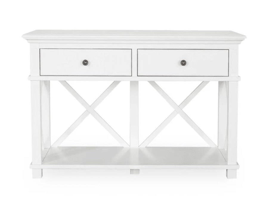 Sorrento 2 drawer console table in white with storage drawers and lower shelf for stylish entryway organisation