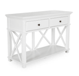 Hamptons-style white console table with lower display shelf for decorative styling and storage
