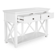 Close-up of the Sorrento console table featuring decorative cross-detail craftsmanship in a white finish
