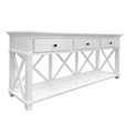 Close-up of decorative cross detailing on the Sorrento console table in white finish.