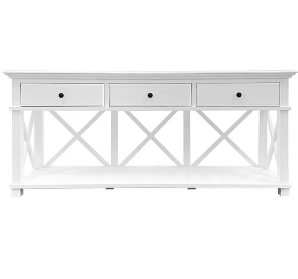 Sorrento 3 Drawer Console Table in white featuring three drawers, lower shelf and decorative cross detailing.