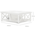 White Hamptons square coffee table with cross detailing and dimensions shown