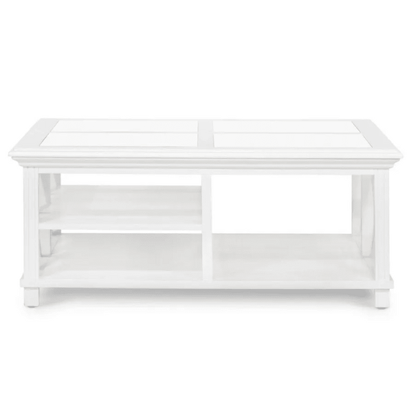 Sorrento Hamptons Square 120cm coffee table in white with glass top and open shelf storage