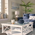Sorrento Hamptons square coffee table styled in a coastal living room with navy sofa and neutral decor