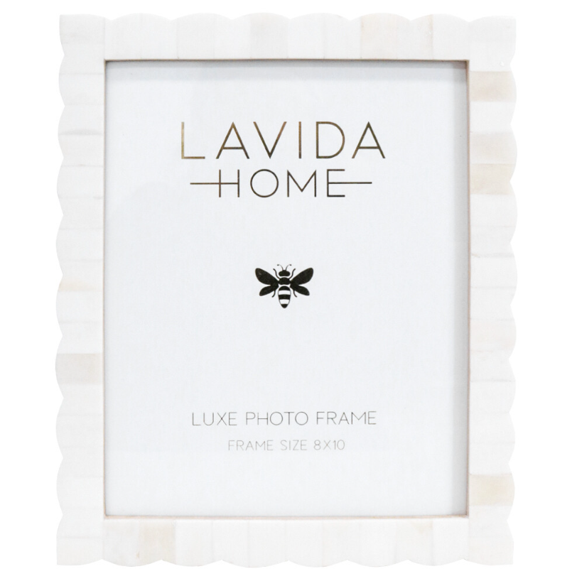White scalloped bone 8x10 photo frame with soft coastal texture and elegant sculptural detailing for contemporary interiors.