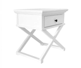 Sorrento white bedside table styled in a Hamptons-inspired bedroom with convenient drawer storage.