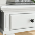 Close-up of the Sorrento Side Table white finish and single drawer storage detail.
