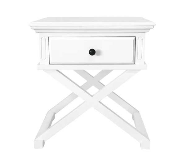 Sorrento Side Table in white featuring elegant cross-detail design and single storage drawer.