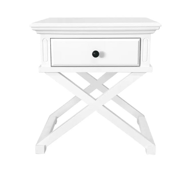 Sorrento Side Table in white featuring elegant cross-detail design and single storage drawer.