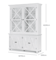Front view of Sorrento white glass door display cabinet with cross detailing and storage cupboards
