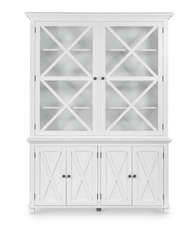 Sorrento Tall Glass Door Cabinet in white with glass doors, display shelves and lower storage cupboards
