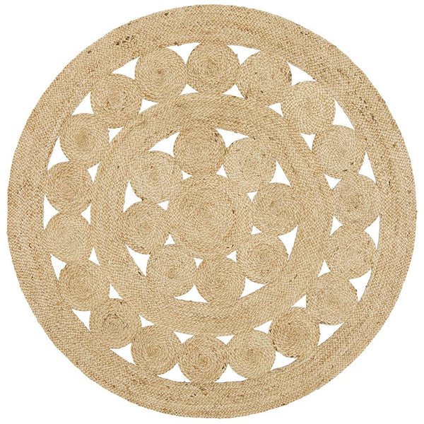 Spiral Natural Jute Round Rug with handwoven openwork circular design