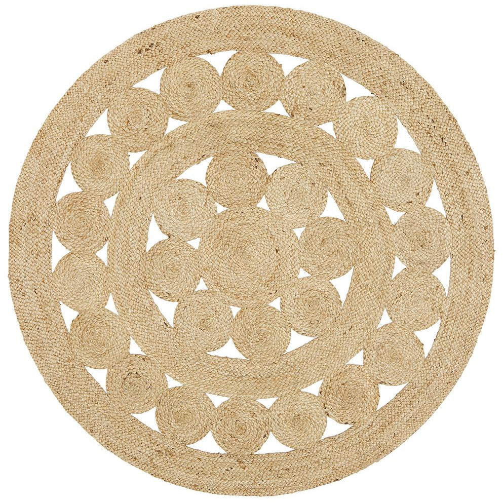 Spiral Natural Jute Round Rug with handwoven openwork circular design