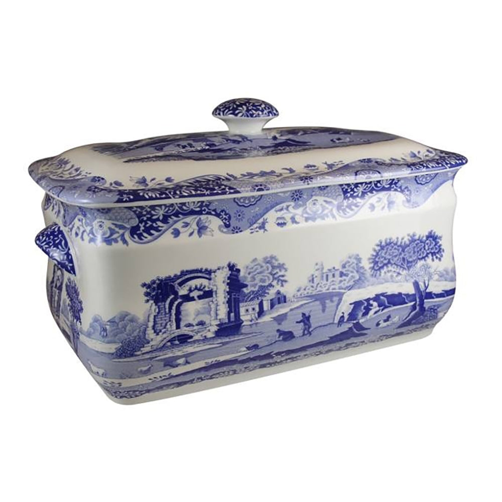Spode Blue Italian porcelain bread bin with lid featuring classic blue and white countryside design