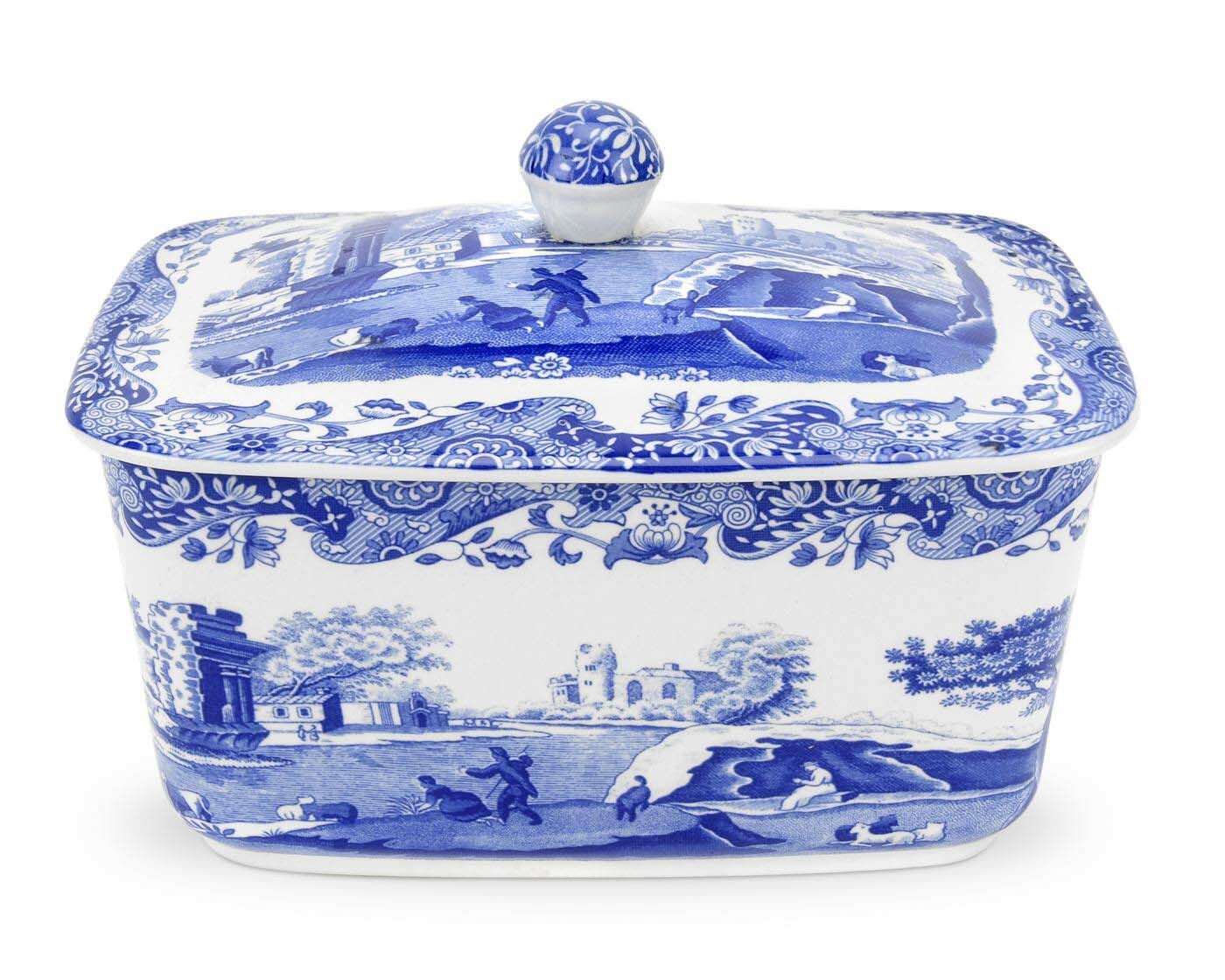Spode Blue Italian butter box 16cm with lid, blue and white porcelain tableware featuring classic countryside scene and decorative border