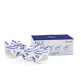 Spode Blue Italian teapot napkin rings presented in a branded gift box alongside the set of four porcelain napkin rings.