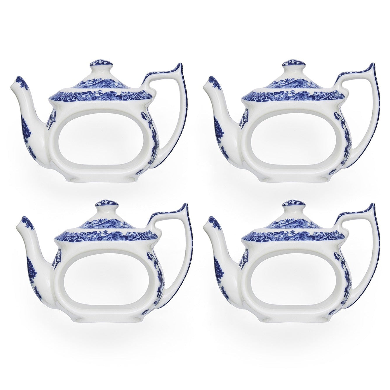 Set of four Spode Blue Italian fine porcelain teapot napkin rings featuring the iconic blue and white heritage pattern.
