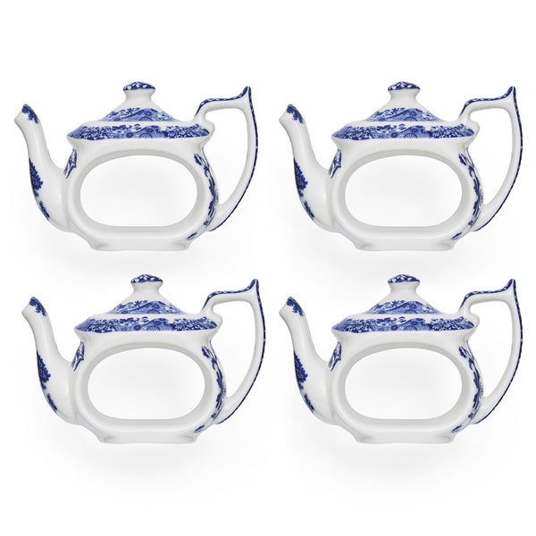 Set of four Spode Blue Italian fine porcelain teapot napkin rings featuring the iconic blue and white heritage pattern.