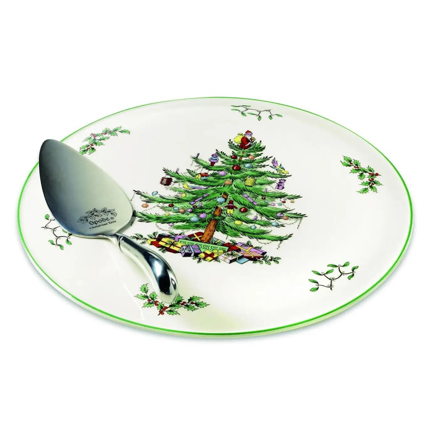 Spode Christmas Tree cake plate and matching server featuring the iconic Christmas tree design with festive gifts and holly detailing.