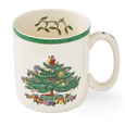 Front view of Spode Christmas Tree mug featuring decorated Christmas tree artwork and festive gift details.
