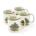 Spode Christmas Tree stoneware mug set of four featuring the iconic festive Christmas tree design and green rim detail.