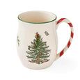 Side view of Spode Christmas Tree Peppermint Handle Mug showing holly detail and candy cane striped handle.