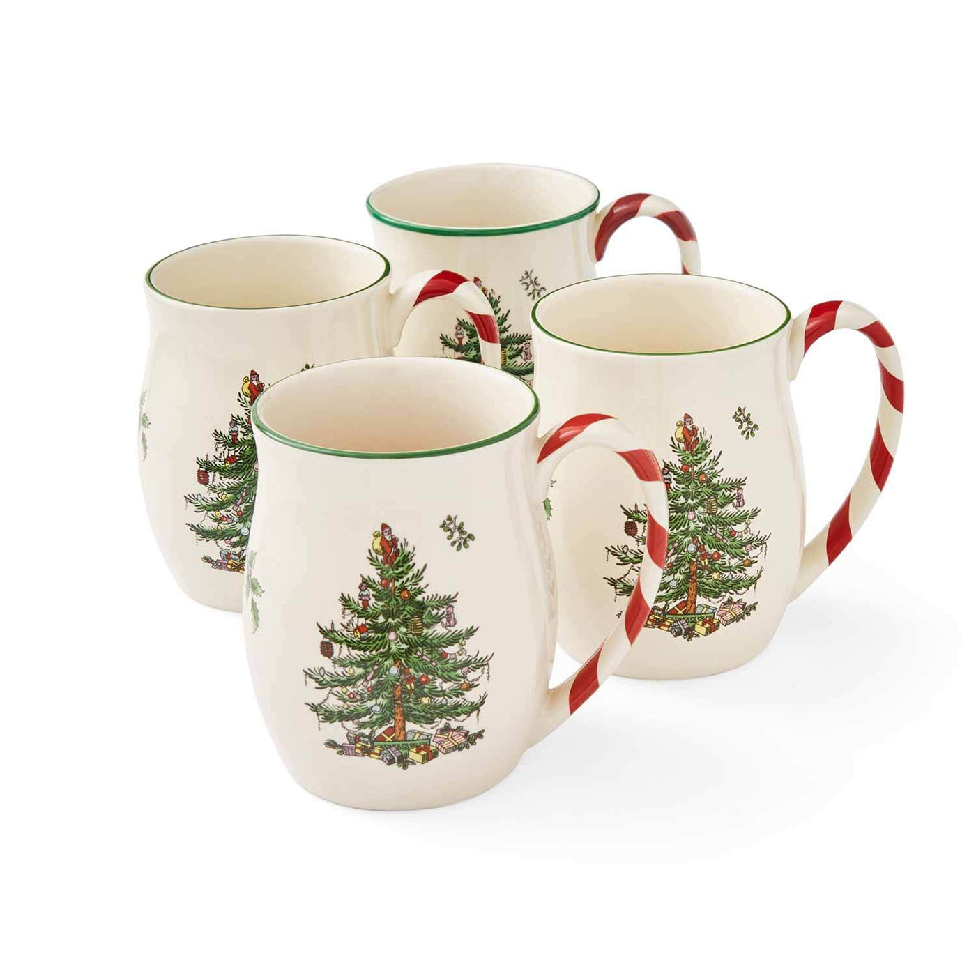 Spode Christmas Tree Peppermint Handle Mugs set of 4 with red and white candy cane handles.