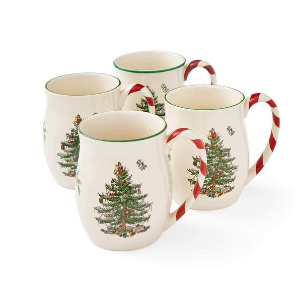 Spode Christmas Tree Peppermint Handle Mugs set of 4 with red and white candy cane handles.