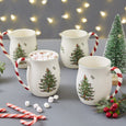 Spode Christmas Tree Peppermint Handle Mugs styled with hot chocolate, candy canes and festive Christmas lights.