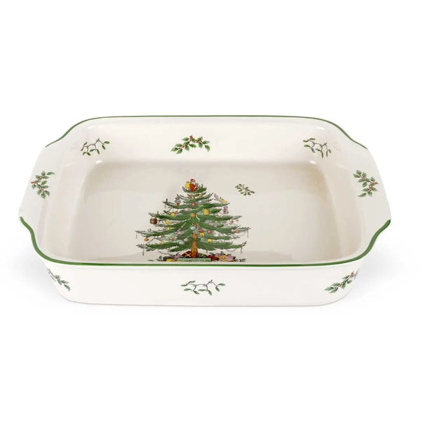 Spode Christmas Tree rectangular handled serving dish featuring the iconic Christmas tree design on a large festive stoneware baking and serving dish.