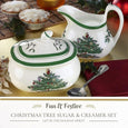 Spode Christmas Tree sugar bowl and creamer set styled for Christmas entertaining with festive table décor, seasonal treats and holiday tableware.