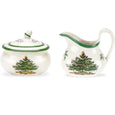 Spode Christmas Tree sugar bowl and creamer set featuring the iconic Christmas tree design on festive stoneware serveware.