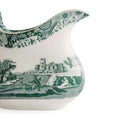 Close-up detail of the Spode Heritage Green Italian cream jug showcasing the intricate green landscape and decorative border design.