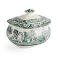 Angled view of the Spode Heritage Green Italian sugar box showcasing the detailed landscape motif and decorative green border.