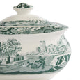 Close-up detail of the Spode Heritage Green Italian sugar box highlighting the classic green transferware landscape pattern.
