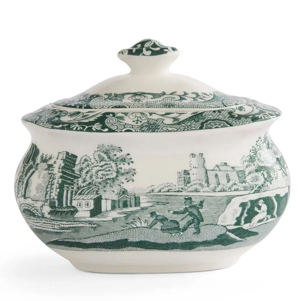 Spode Heritage Green Italian sugar box with lid featuring the iconic green Italian countryside pattern on fine earthenware.
