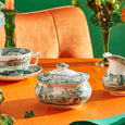 Spode Heritage Green Italian sugar box styled with matching cream jug and teacup on an elegant afternoon tea table setting.