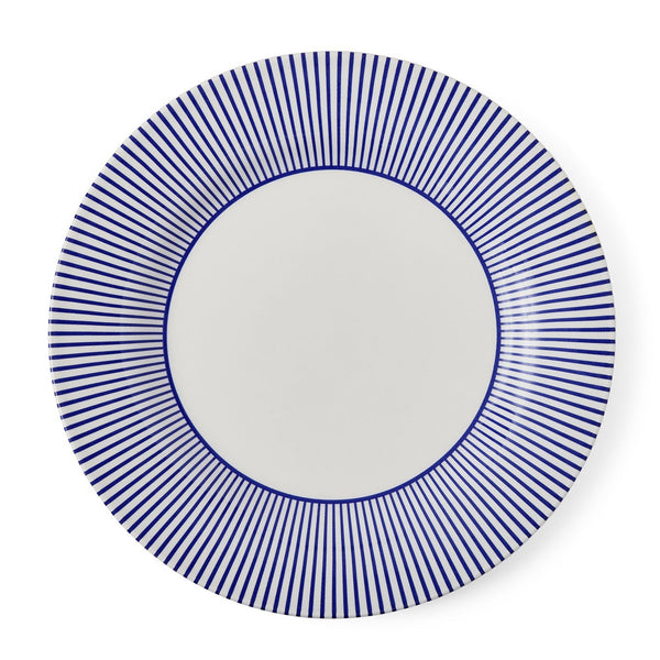 Spode Steccato 28cm blue and white earthenware dinner plate with signature cobalt blue striped border.
