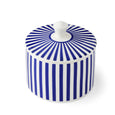 Angled view of the Spode Steccato blue and white covered sugar bowl with striped lid.