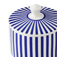 Close-up detail of the Spode Steccato sugar bowl lid featuring bold cobalt blue stripes.