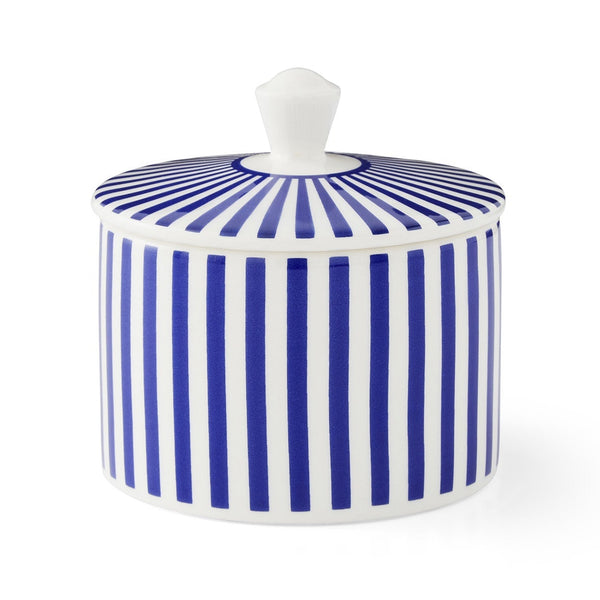 Spode Steccato covered sugar bowl with cobalt blue stripes crafted from premium English earthenware.