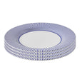 Stack of four Spode Steccato 28cm dinner plates featuring cobalt blue striped rims.