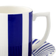 Close-up of the Spode Steccato espresso cup handle and bold cobalt blue striped finish.