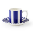 Spode Steccato blue and white 90ml espresso cup and striped saucer set made from English earthenware.