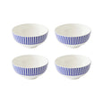 Set of four Spode Steccato blue and white rimless earthenware bowls with cobalt blue striped design.