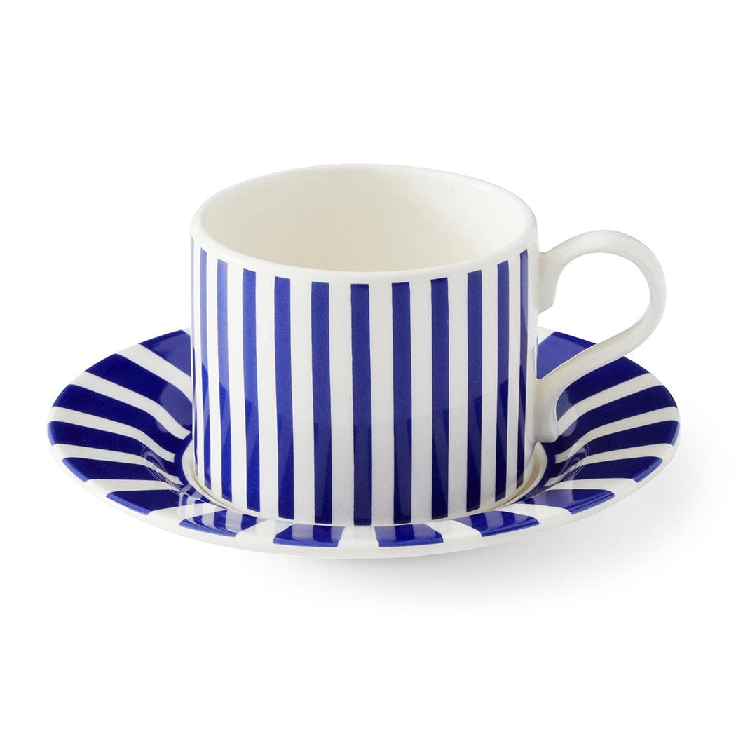 Spode Steccato blue and white striped 290ml teacup and matching saucer made in England.