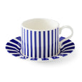 Spode Steccato blue and white striped 290ml teacup and matching saucer made in England.