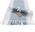 Table Runner Atlanta Chambray Blue cotton table runner with white border and blue and white tassel fringe.
